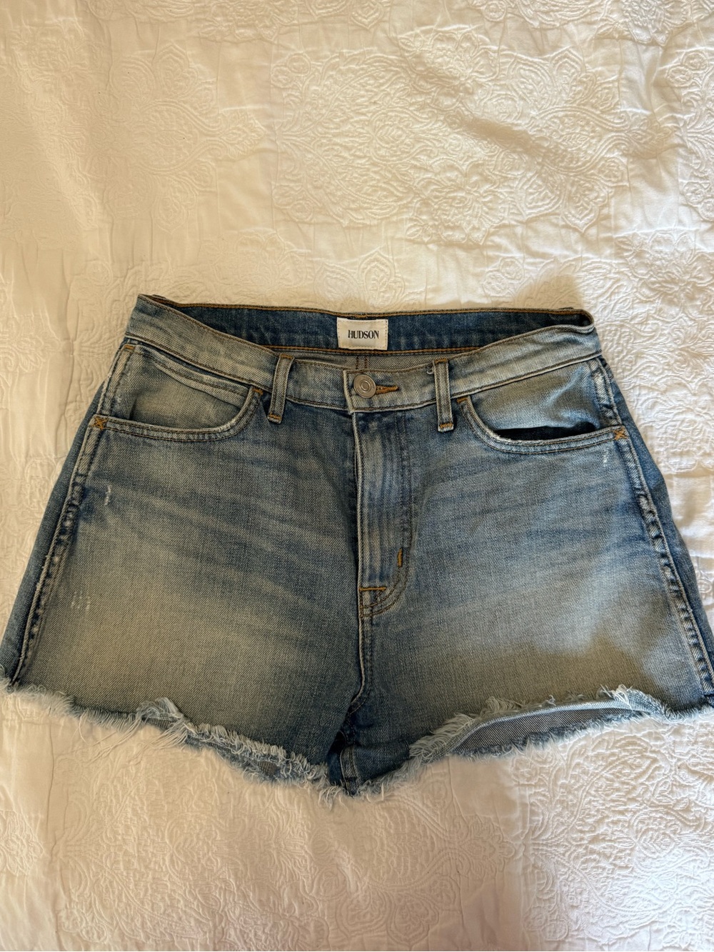 Hudson Jeans Faded Light Blue Denim Frayed Hem Shorts